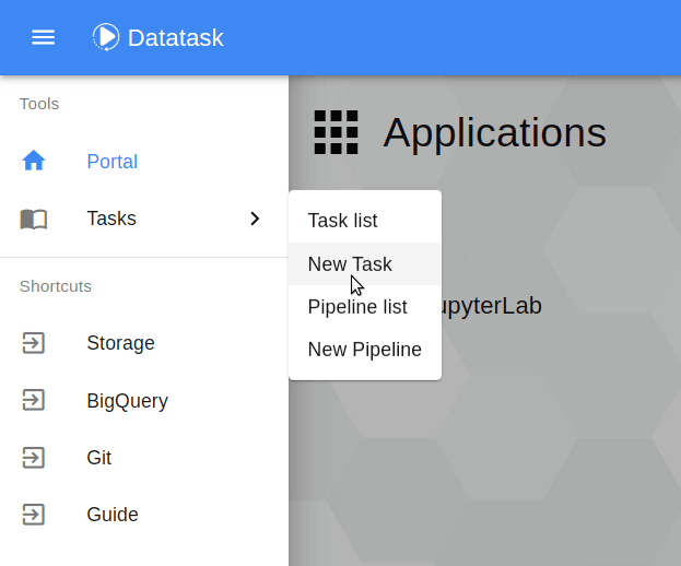 Clic sur New Task dans le menu de Datatask